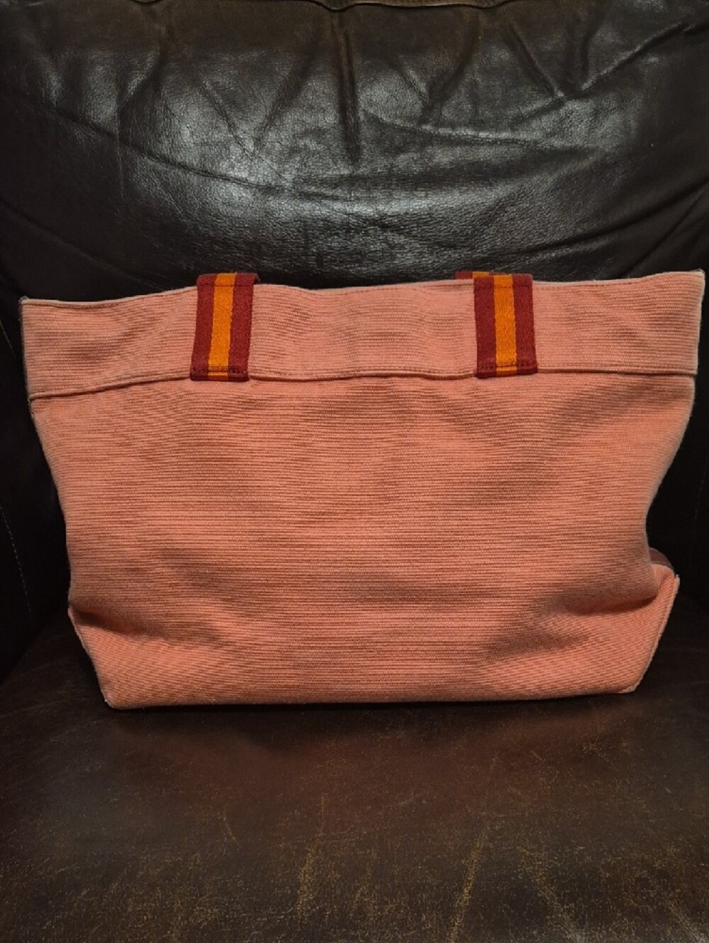 Coach Pink Canvas Tote with Striped Orange-Burgundy Handles - Picture 4 of 10